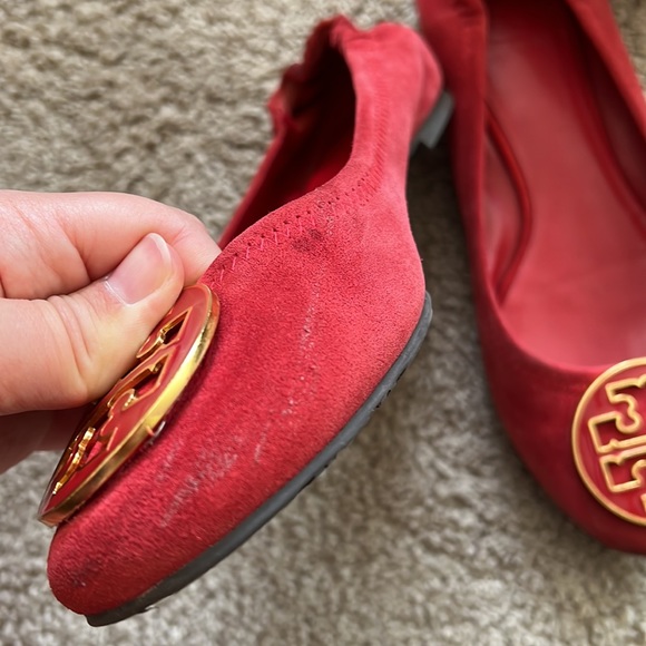 Tory Burch Red Suede Reva Flat 9 - Picture 14 of 15